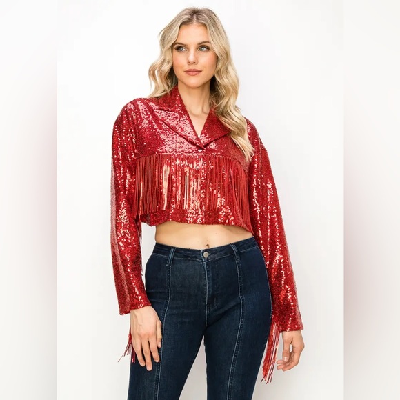 ✨ Women’s Red Cropped Sequin Fringe Jacket – Festival, Concert, Rodeo ✨ - Picture 7 of 11